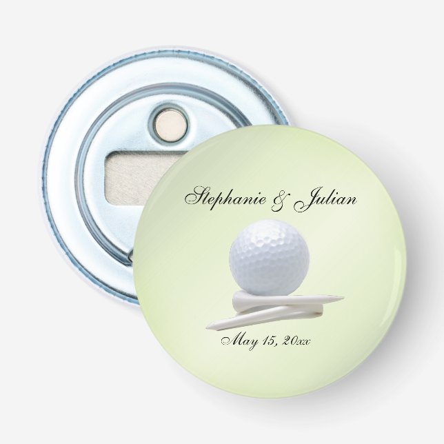 Golf Theme Hochzeit Grünen Namen und Datum Flaschenöffner (Vorderseite)