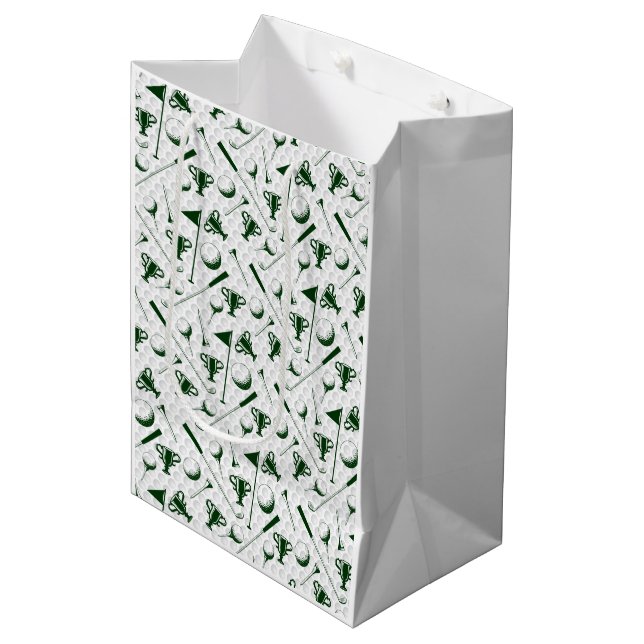 Golf Toile Muster Green Blue Golf Ball Mittlere Geschenktüte (Vorderseite Schrägansicht)