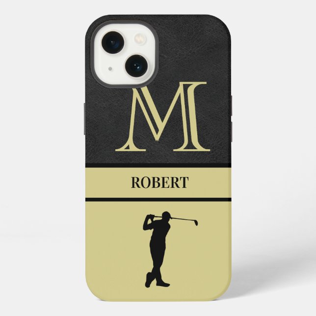 Golf-Typ Schwarzes Leder-Textur-Monogramm-Name  iPhone Hülle (Rückseite)