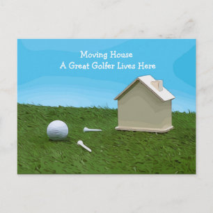 Golf Umzug Haus mit einem großen Golfer lebt hier Postkarte