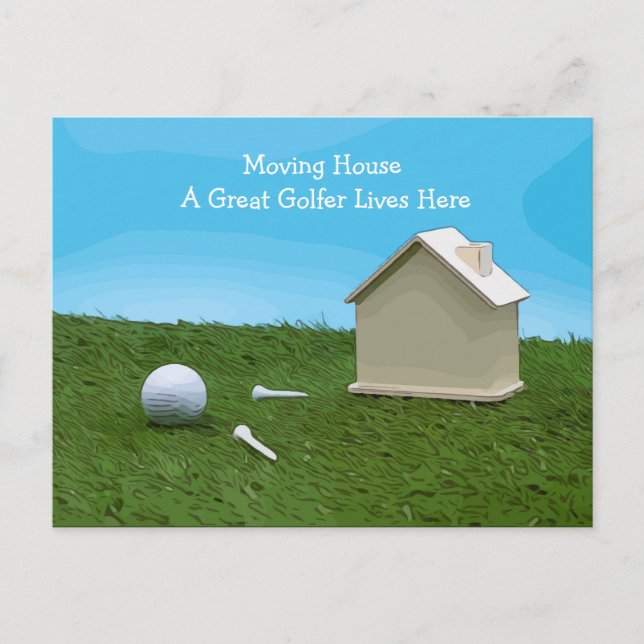 Golf Umzug Haus mit einem großen Golfer lebt hier Postkarte (Vorderseite)
