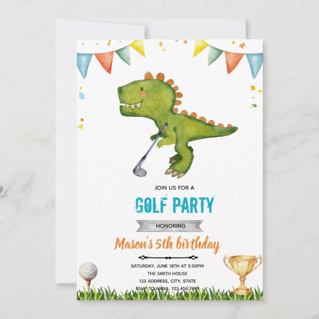 Golf von Dinosaurier - Einladung zum Geburtstag (Vorderseite)