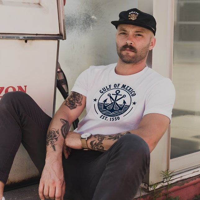 Golf von Mexiko Classic Nautical Abzeichen Est. 15 T-Shirt (Gulf of Mexico Est. 1550  Nautical Badge white t-shirt. )