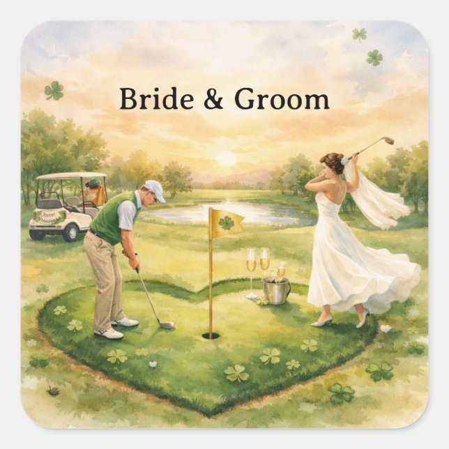 Golf Wedding Lucky in Love St. Patrick's Day theme Quadratischer Aufkleber (Vorderseite)