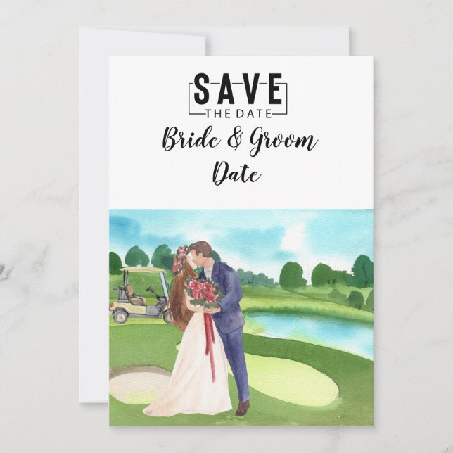 Golf Wedding mit Braut und Bräutigam im Clubhaus Einladung (Vorderseite)