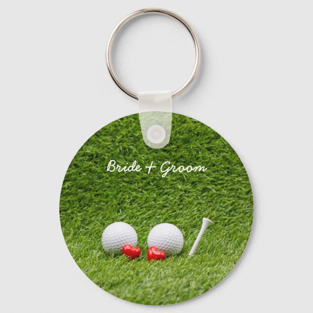 Golf Wedding zwei Golfbälle auf Grün mit Liebe Schlüsselanhänger (Vorderseite)