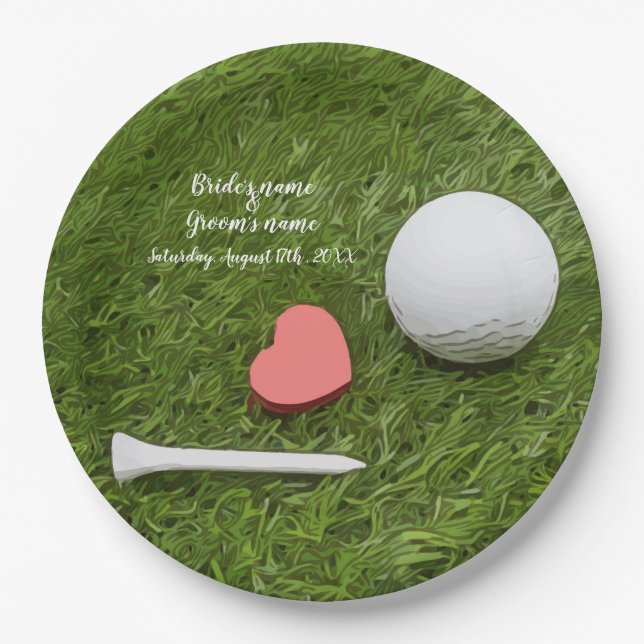 Golf Wedelgolfball und Tee mit Liebe auf Grün Pappteller (Vorderseite)