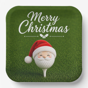 Golf-Weihnachten mit Ball und Santa-Hut auf Grün Pappteller