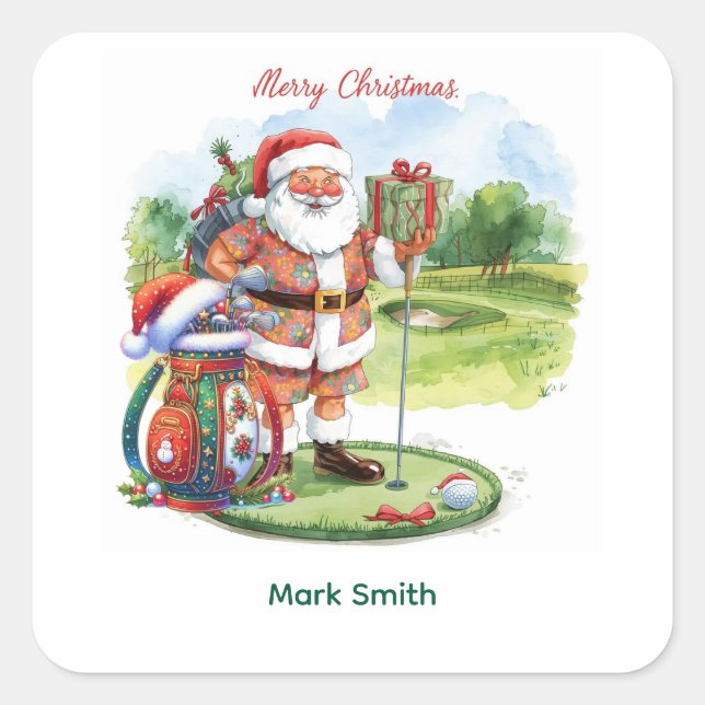 Golf Weihnachten mit dem Weihnachtsmann auf dem Go Quadratischer Aufkleber (Vorderseite)