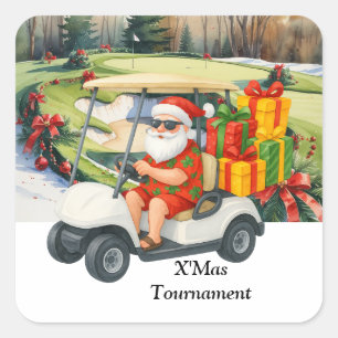 Golf Weihnachten mit dem Weihnachtsmann auf Grün Quadratischer Aufkleber