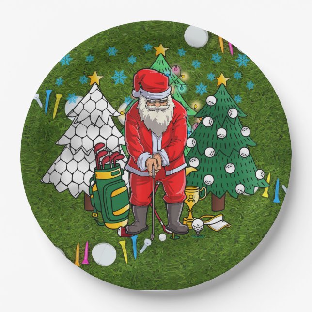 Golf Weihnachten mit dem Weihnachtsmann mit Golfba Pappteller (Vorderseite)
