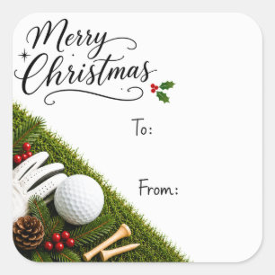 Golf-Weihnachten mit Golfball-Santa-Hut auf grünem Quadratischer Aufkleber