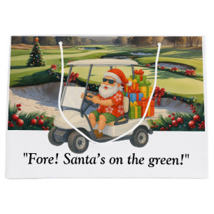Golf Weihnachts-Santa fährt Golfwagen auf dem Kurs Große Geschenktüte