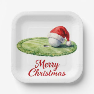 Golf-Weihnachtsball mit Santa-Hut auf Grün Pappteller