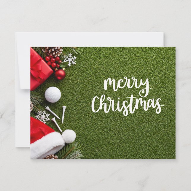 Golf-Weihnachtskarte mit Golf und Tee auf Grün (Vorderseite)