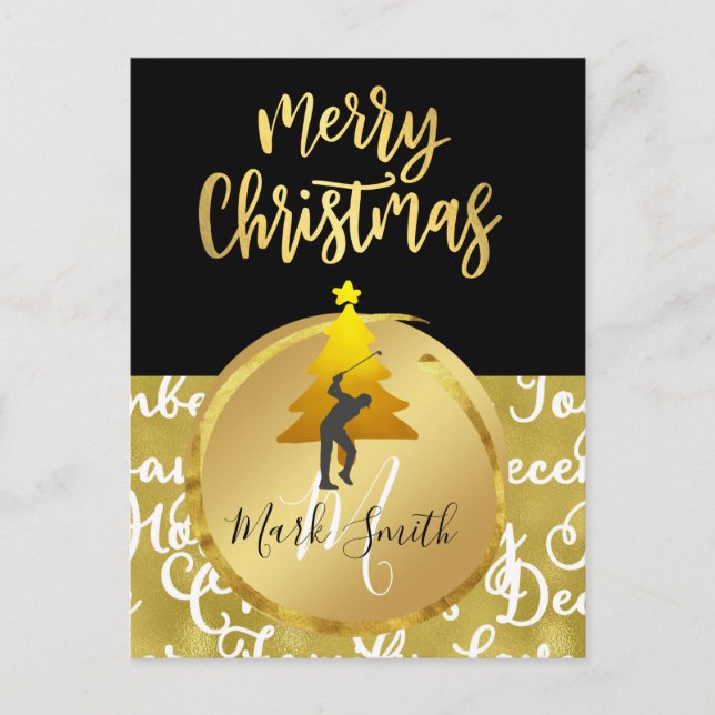 Golf Weihnachtskarte Schwarz und Gold Thema Postkarte (Vorderseite)