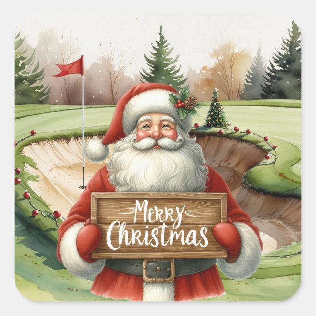 Golf Weihnachtsmann am Golfplatz Quadratischer Aufkleber (Vorderseite)