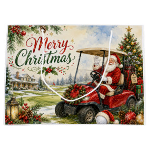 Golf Weihnachtsmann fährt roten Wagen Weihnachten Große Geschenktüte