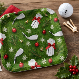 Golf-Weihnachtsmotive auf Putting-Green-Rasen Pappteller