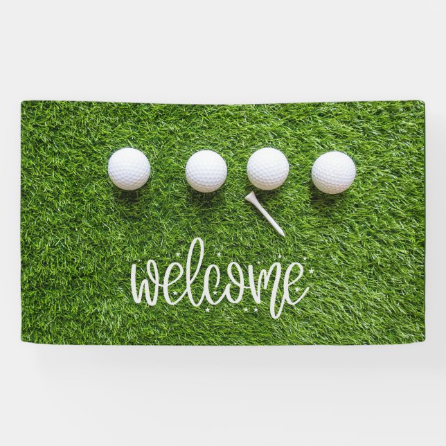 Golf Willkommensschild mit Golfball auf grünem Gra Banner (Horizontal)