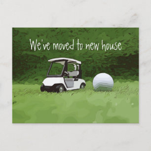 Golf wir sind in neues Haus mit Golf auf Grün umge Ankündigungspostkarte