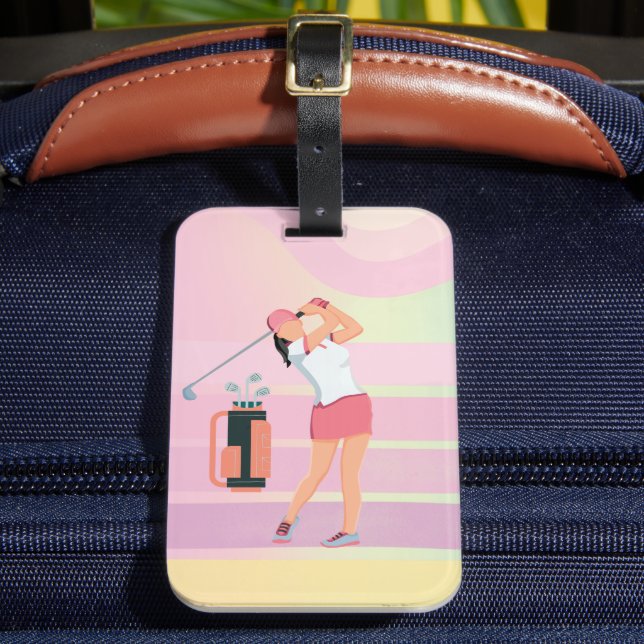 Golf Woman ist auf rosa Hintergrund Gepäckanhänger (Vorderseite Insitu 2)