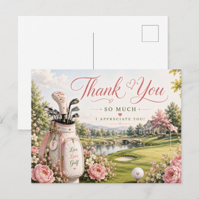 Golfbag auf Golfplatz mit Blumen  Postkarte (Vorne/Hinten)