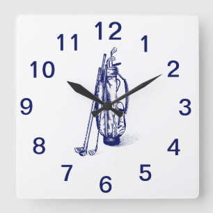 Golfbag Golfschläger Blaue quadratische Wanduhr