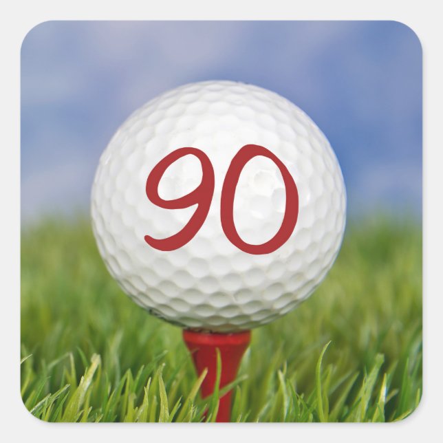 Golfball auf rotem Tee 90. Geburtstag Quadratischer Aufkleber (Vorderseite)