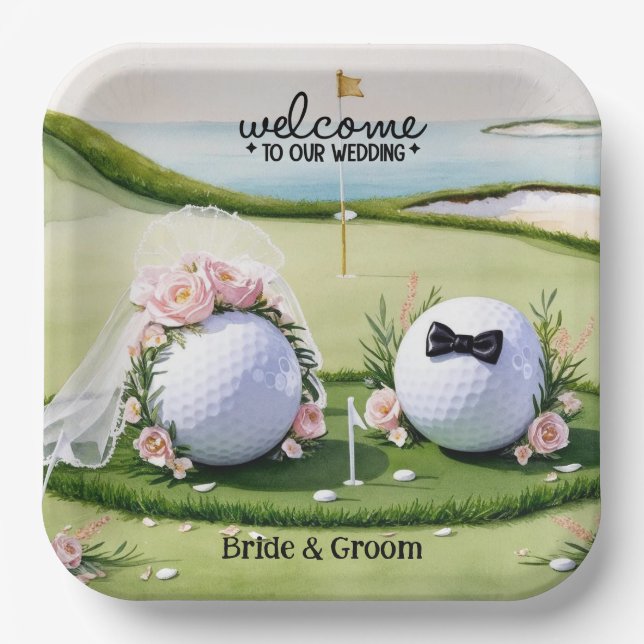 Golfball Bride & Groom Willkommen bei unserer Hoch Pappteller (Vorderseite)