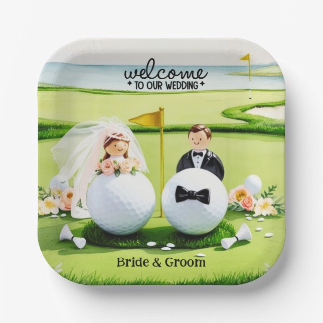 Golfball Bride & Groom Willkommen bei unserer Hoch Pappteller (Vorderseite)