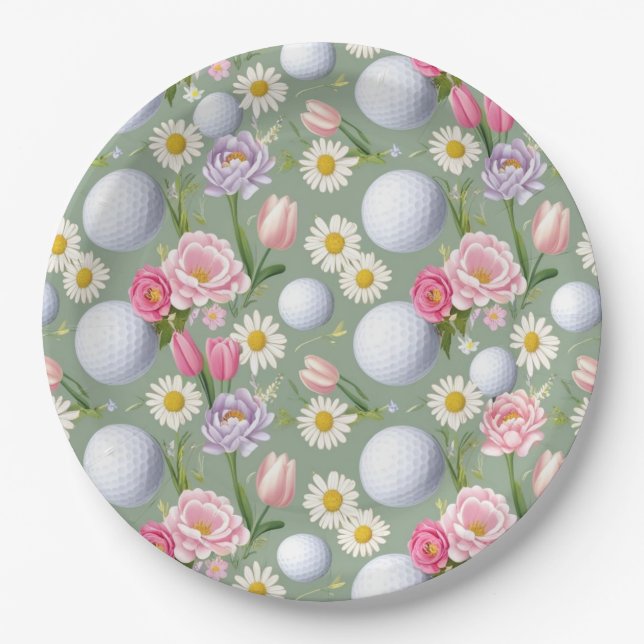 Golfball mit Blume Pappteller (Vorderseite)