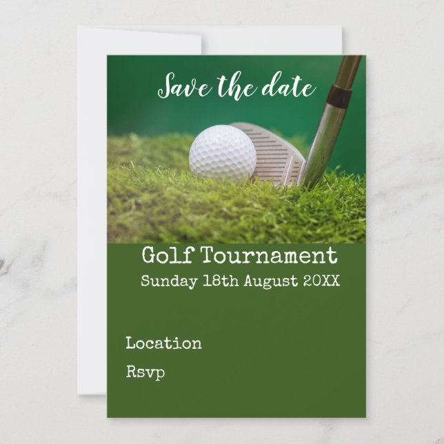 Golfball mit Golfclub Save the Date auf Grün Einladung (Vorderseite)