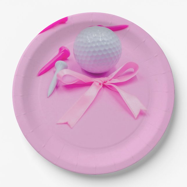 Golfball mit rosa Bändchen, Babydusche Pappteller (Vorderseite)
