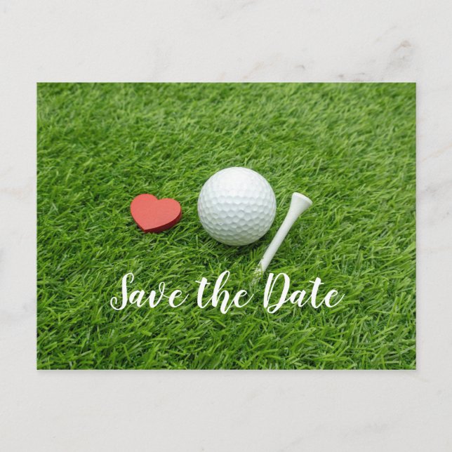Golfball SAVE THE DATE mit Tee und Liebe Postkarte (Vorderseite)