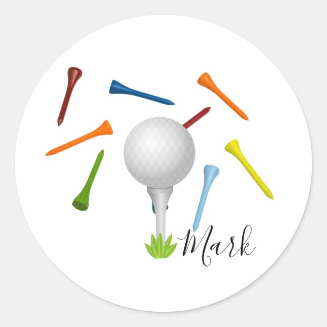 Golfball und buntes Tee auf weiß Runder Aufkleber (Vorderseite)
