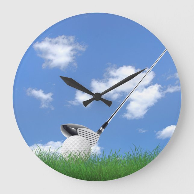 Golfball und Club im Gras Große Wanduhr (Vorderseite)
