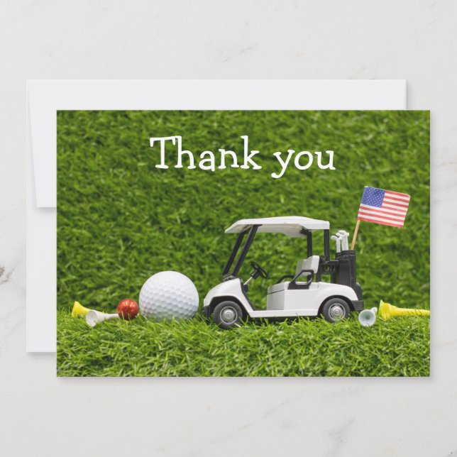 Golfball und Golfwagen mit Flagge Amerikas Dankeskarte (Vorderseite)
