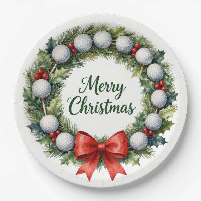 Golfball-Weihnachtskranz Frohe Weihnachten Pappteller (Vorderseite)