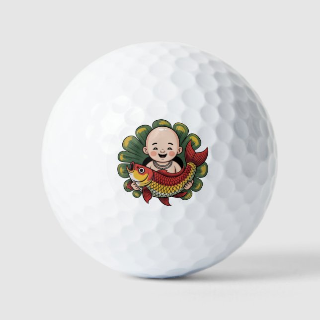 Golfbälle | Niedlicher Junge mit Lucky Koi (Vorderseite)