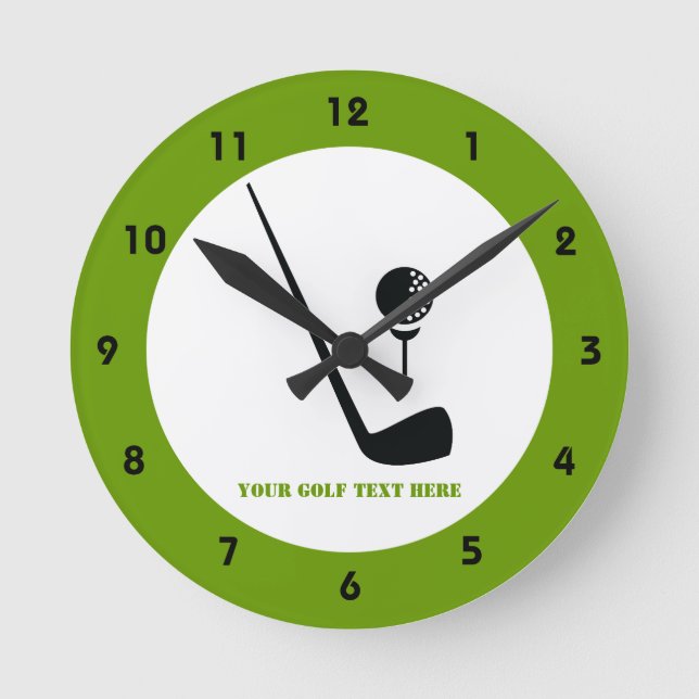 Golfclub und Ball Black, Green Custom Runde Wanduhr (Vorderseite)