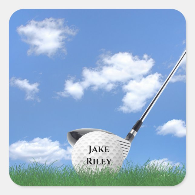 Golfclub und Ball im Gras Quadratischer Aufkleber (Vorderseite)