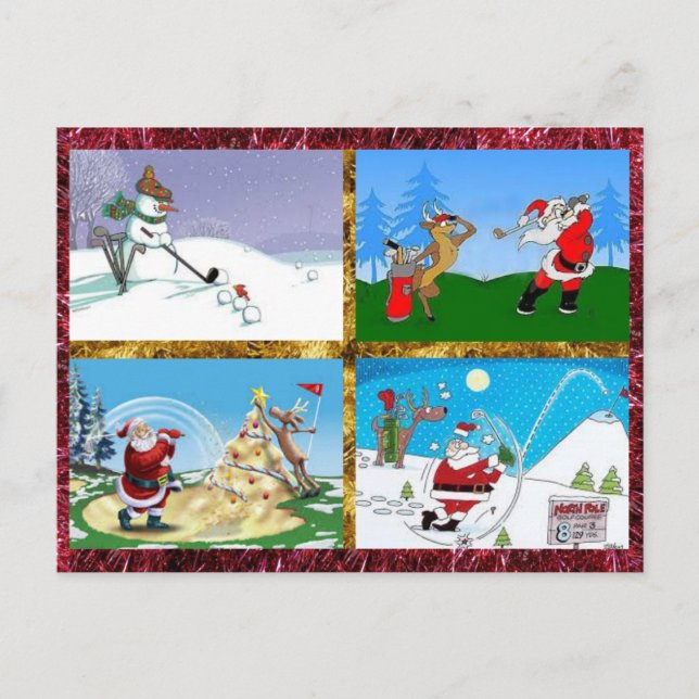 Golfen Santas auf einer Postkarte (Vorderseite)