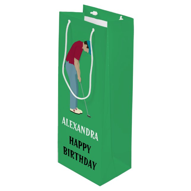 Golfend Themengrün Geschenktüte Für Weinflaschen (Vorderseite Schrägansicht)
