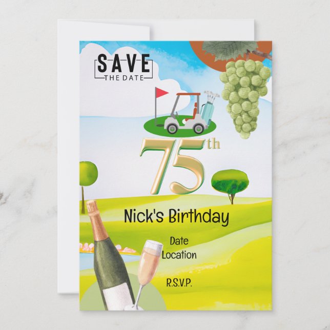 Golfer 75. Geburtstag auf Golfplatz Einladung (Vorderseite)