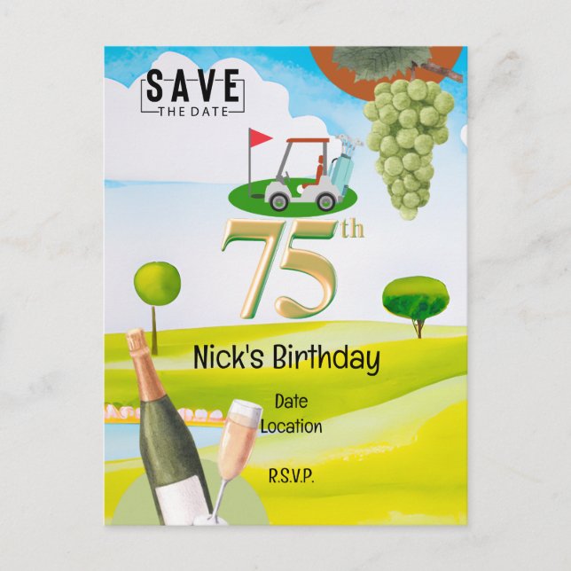 Golfer 75. Geburtstag auf Golfplatz Einladungspostkarte (Vorderseite)