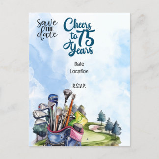 Golfer 75. Geburtstag mit Golftasche Save the Date Einladungspostkarte