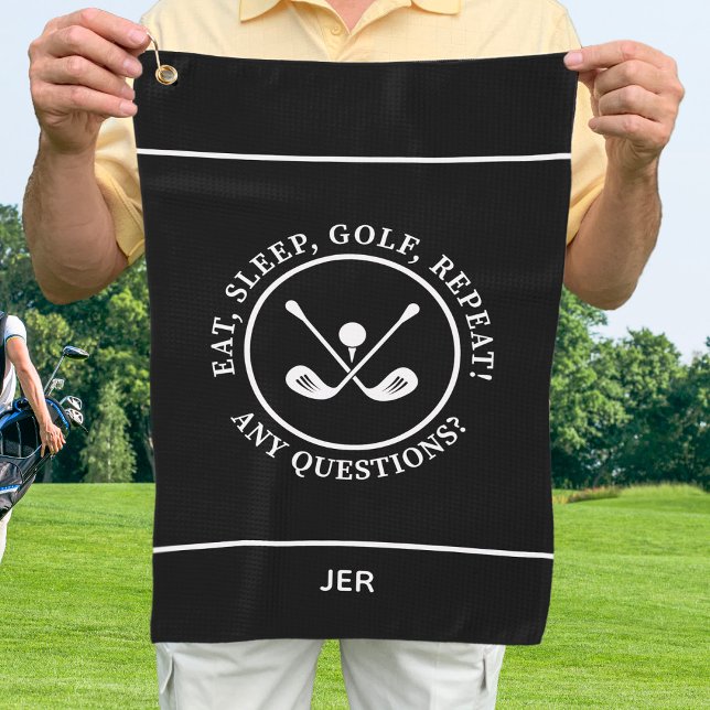 Golfer Black Modern Sports Pro Equipment Monogram Golfhandtuch (Golfer Black & White Modern Sports Pro Equipment Custom Monogram Golf Towel For Him or For Her)