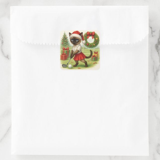Golfer Cat Weibliche Weihnachten Thema für Tierlie Quadratischer Aufkleber (Tasche)