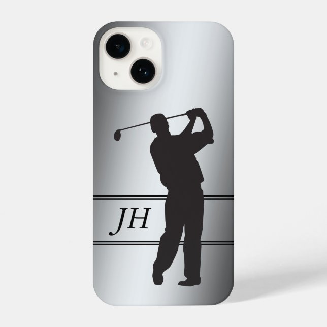 Golfer der schwarzen Silhouette auf Silver Monogra iPhone 14 Hülle (Rückseite)